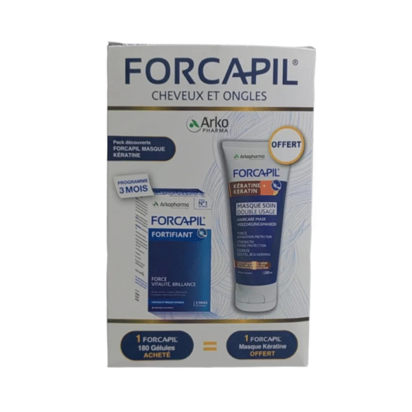 Arkopharma Forcapil Boite 180 gelules+Masque Soin Double Usage Keratine 200ml Pack